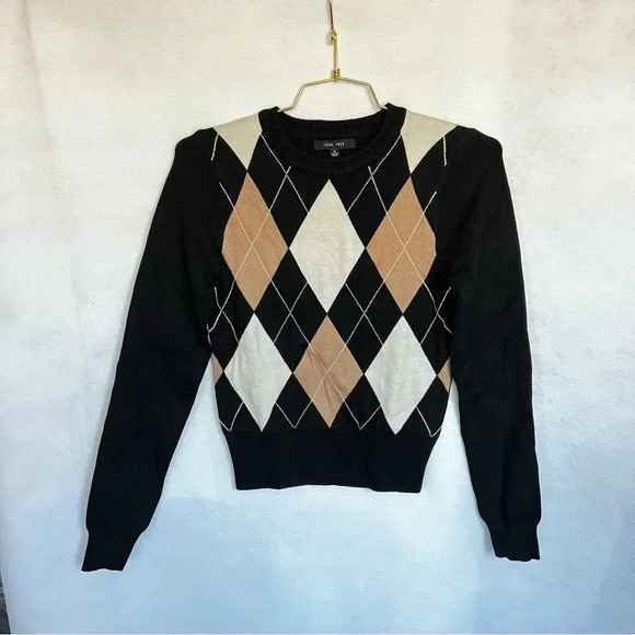 Argyle Pattern Crewneck Sweater Long Sleeve Black Multicolor Stretchy Material - Picture 6 of 7
